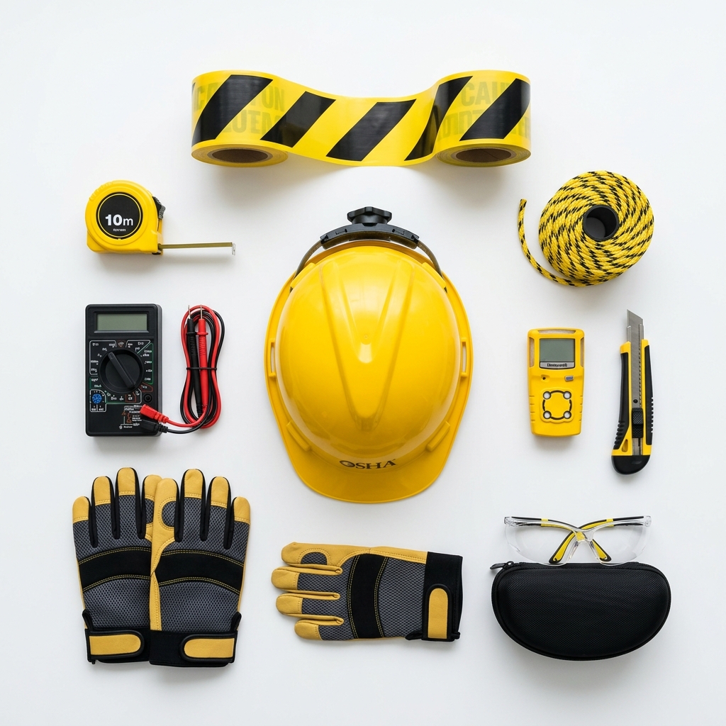 Persönliche Schutzausrüstung und Arbeitssicherheits-Equipment – Helm, Schutzbrille, Handschuhe und Messgeräte