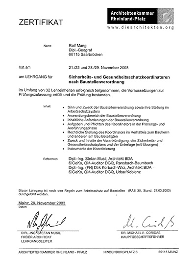 Zertifikat der Architektenkammer Rheinland-Pfalz für Rolf Mang als Sicherheits- und Gesundheitsschutzkoordinator nach Baustellenverordnung